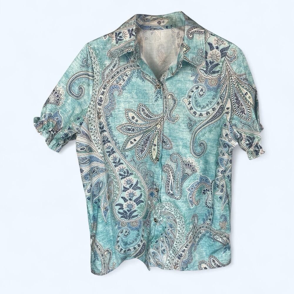 Cherry Betty Retro Paisley Print Collared Puff Sleeve Top Blue Size medium